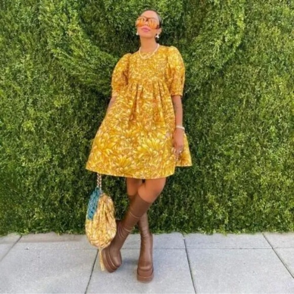 NWT Kika Vargas Gold Mum Puff Sleeve Dress with Pockets - Picture 5 of 12